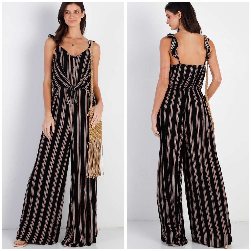 SUGAR+LIPS Boho Chic Black Striped Front Knot Relaxed Fit Jumpsuit - Picture 4 of 5